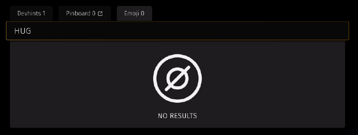 Search result for the query `hug` displaying no results