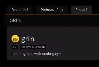 Résultat de la recherche `grin` affichant l'émoji `grin` comme prévu