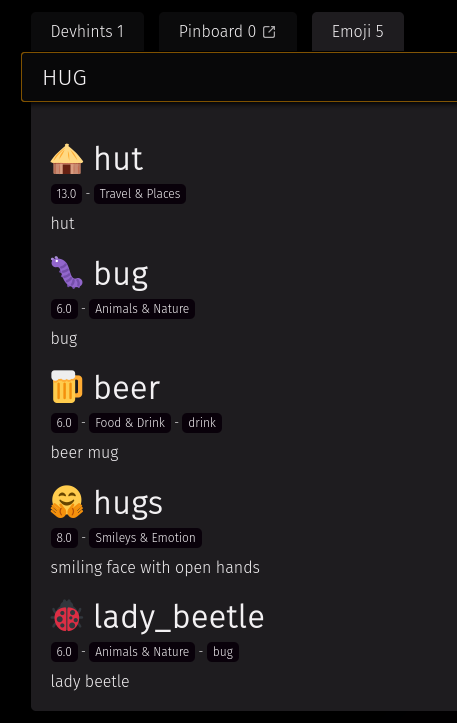 Résultat de la recherche `hug` qui affiche maintenant plusieurs résultats dont l'emoji `hug`