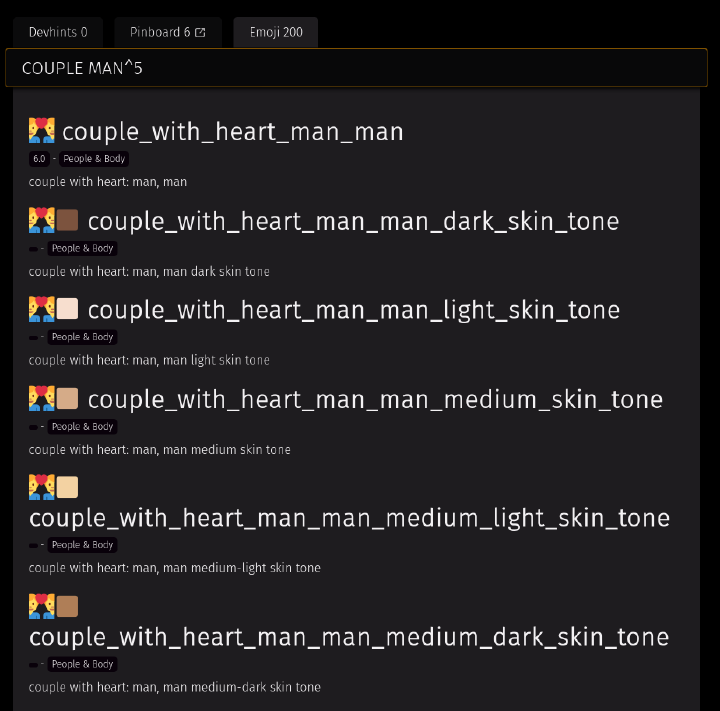 Search results with unsupported skin-toned emoji Multiple emojis `couple with heart man man` with skin tone displayed as two emojis. The original one + the skin tone itself as a square