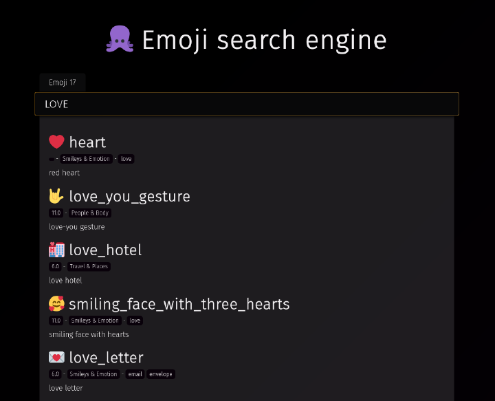 Résultats de recherche pour `love` avec tous les emoji qui sont liés à l'amour