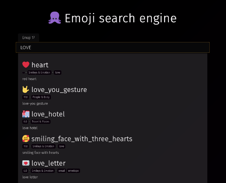 Poulpe the emoji search engine Search result for the query `love` displaying some emoji related to love