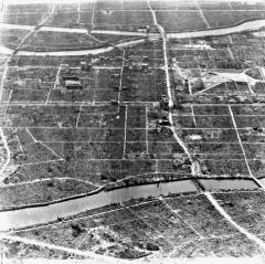 Aerial view of the destruction at Hiroshima, Japan, caused by the atomic bomb dropped on the city.